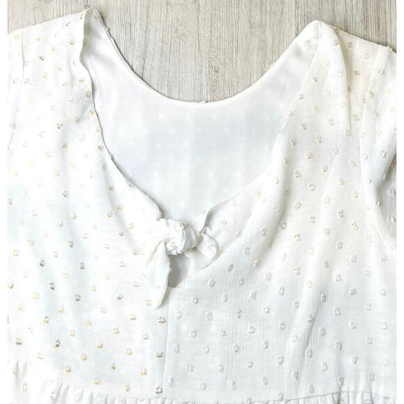 White Eyelet Gold Dot Summer Mini Dress Small Boho Sundress Babydoll Dress - Picture 4 of 6